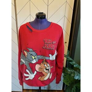 Tom and Jerry Distressed Upcycled Hole Red Crewneck Oversize Sweatshirt Retro